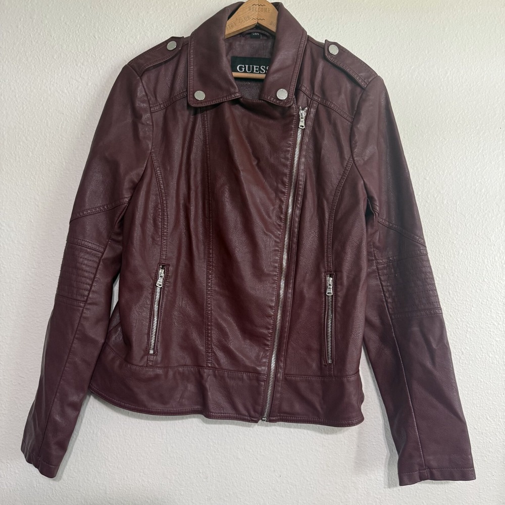Guess Moto Jacket‎ Womens Large Burgundy Faux Leather Pocket Zipper Retro Biker